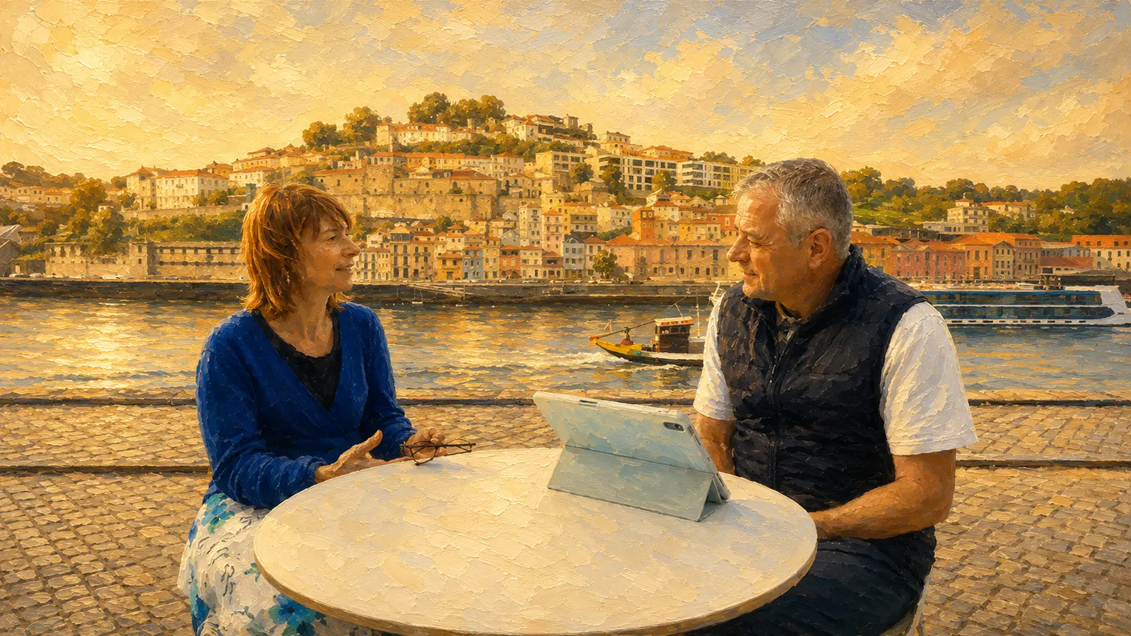 Two people talk across a small cafe table with a tablet between them, on a sunlit riverside promenade, painted in an impressionist style