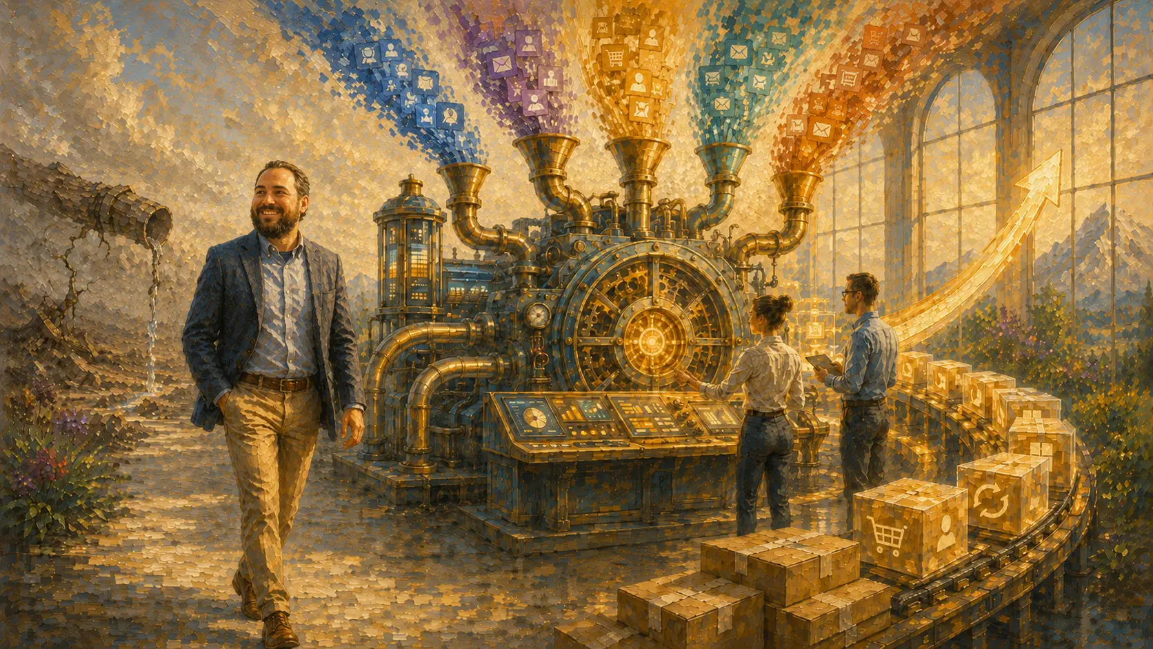 A founder walks away from a cracked, leaking pipe while a golden growth machine with five intake funnels draws in leads, a team runs the controls, and packages roll out along a rising arrow, painted in an impressionist style