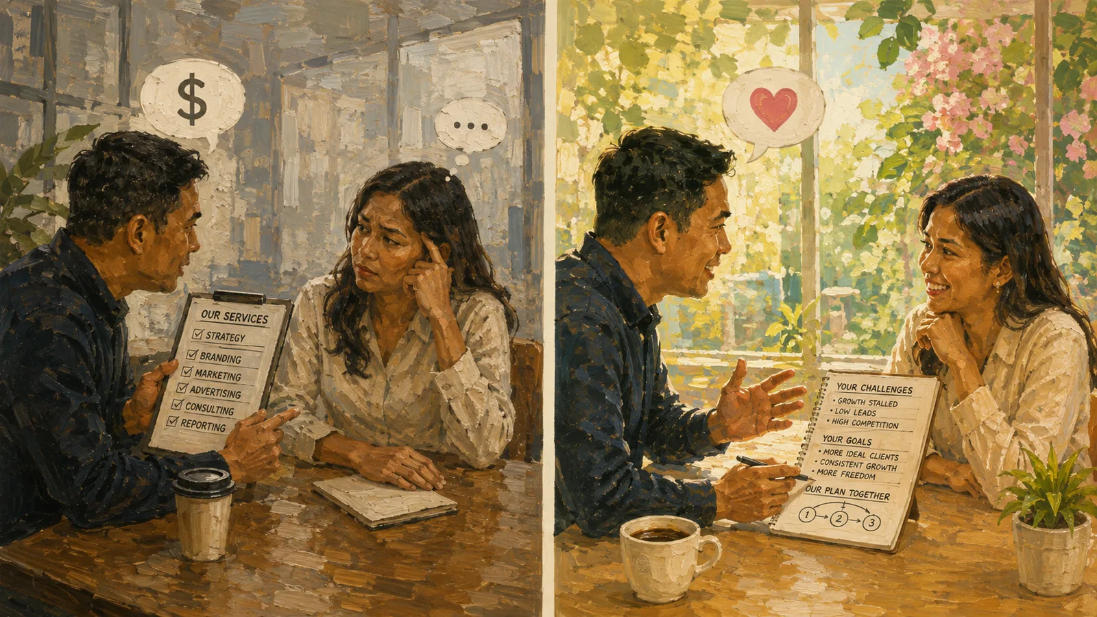 Split-panel impressionist painting: on the left, a seller pushes a checklist of his services at a disengaged buyer beneath a dollar-sign speech bubble; on the right, the same pair lean in together over a notebook listing the buyer's challenges, goals, and a shared plan beneath a heart speech bubble
