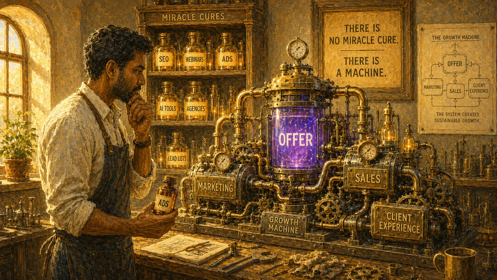 A founder in an apothecary holds a bottle labeled Ads among shelves of miracle cures, while a brass growth machine with a glowing offer at its core runs beside a sign reading there is no miracle cure, there is a machine