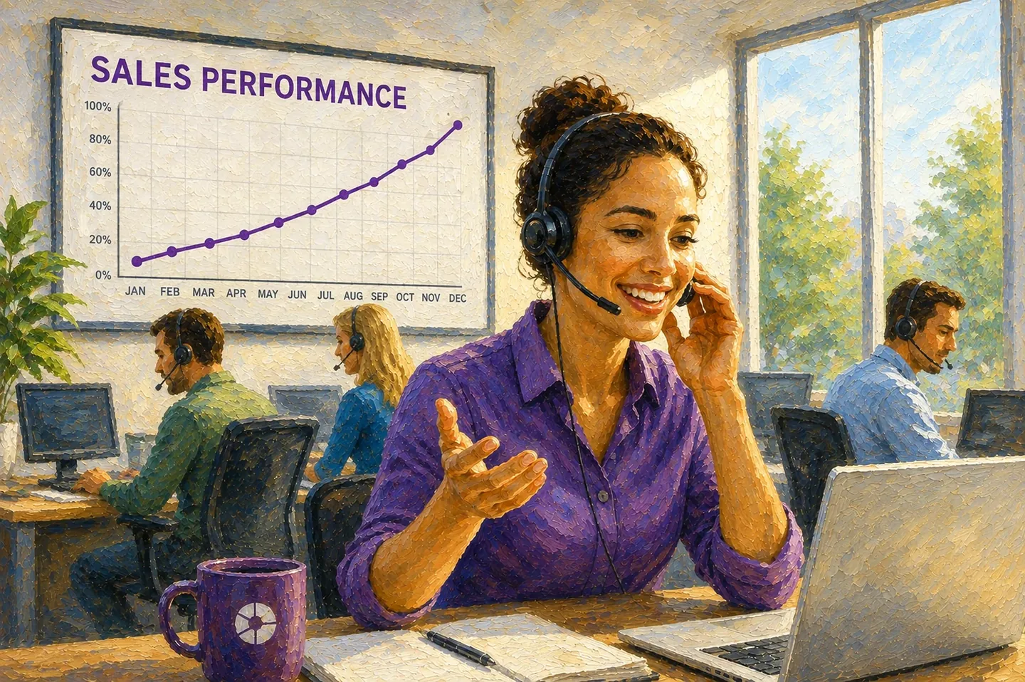A smiling sales rep wearing a headset gestures mid-conversation in a sunlit call center, with a rising sales performance chart on the wall behind her, painted in an impressionist style