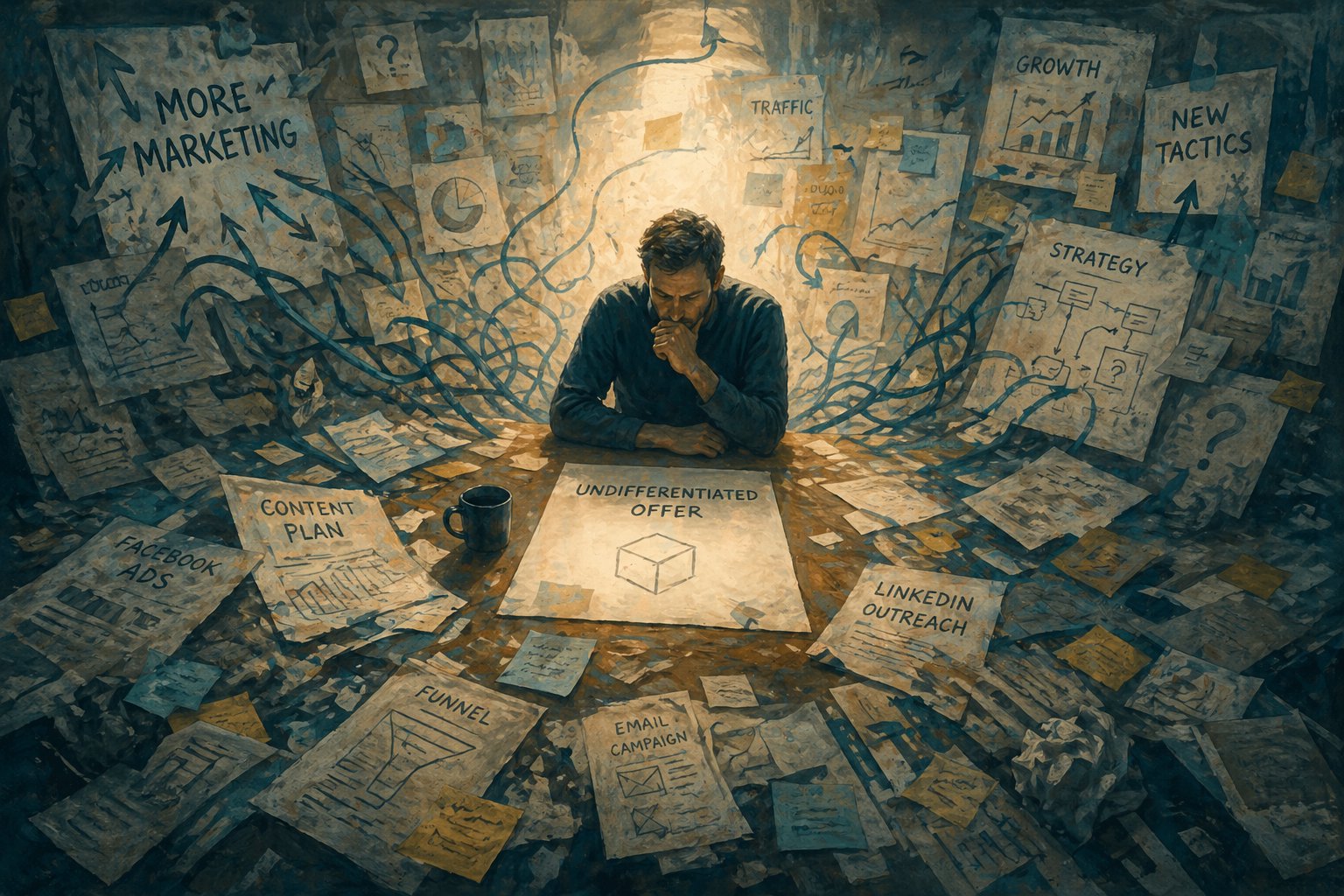 A founder surrounded by marketing tactics: Facebook ads, content plans, funnels, while his undifferentiated offer sits at the center
